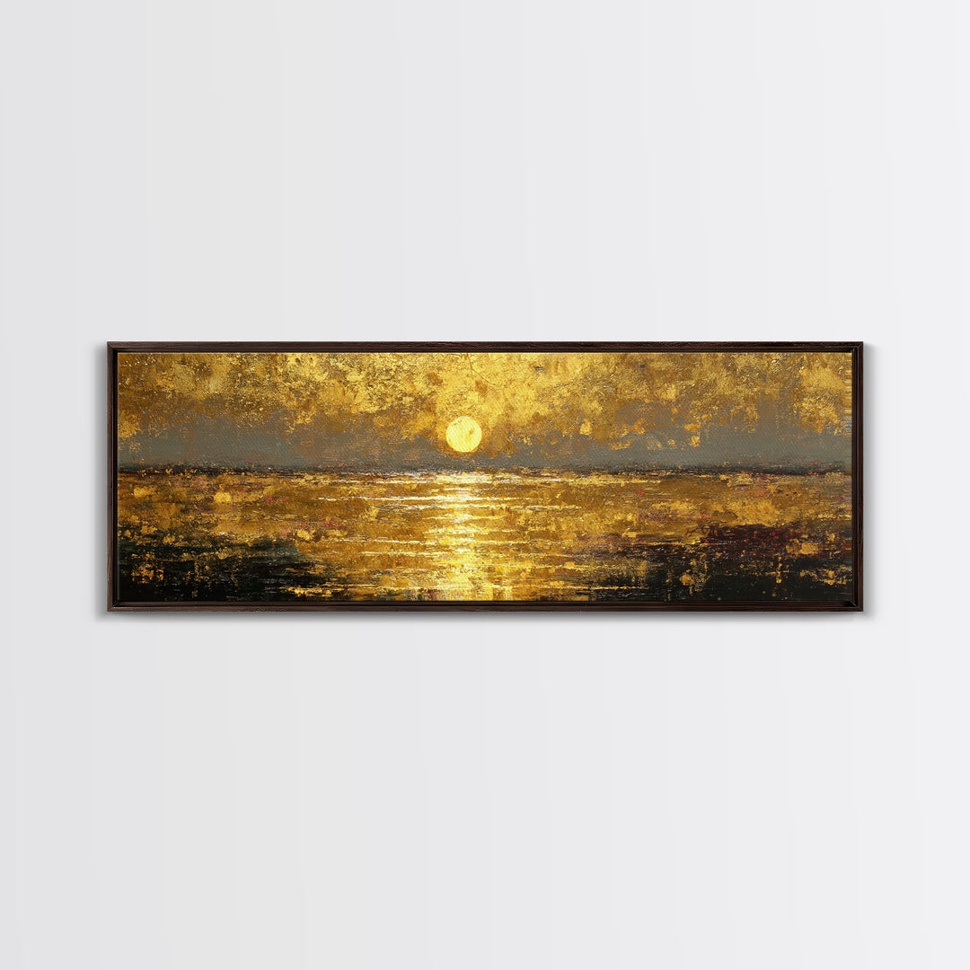 Radiant Reflection Gold Canvas Print, Golden Sun Over Water Wall Art, Shimmering Seascape Artwork With Real Wood Frame