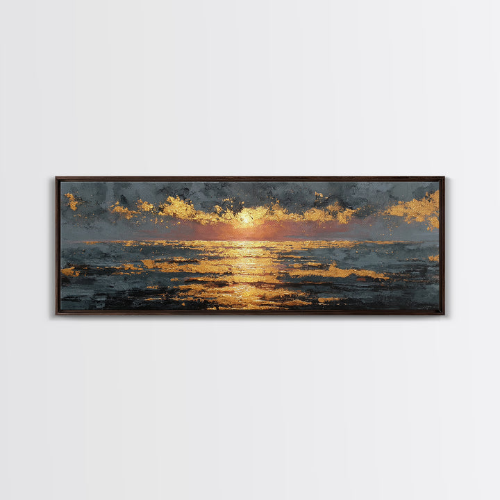 Ocean Sunset Gold Canvas Print, Glowing Sun Over Waves Wall Art, Modern Coastal Seascape Artwork With Real Wood Frame