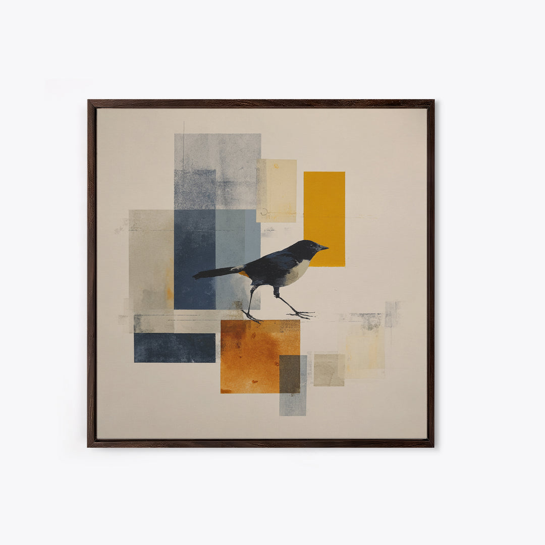 Small Black Bird Crossing White Space Framed Canvas Print, Minimalist Art, Large Wall Art, Living Room Decor, Fine Art, Minimal, MIN-1x1-7