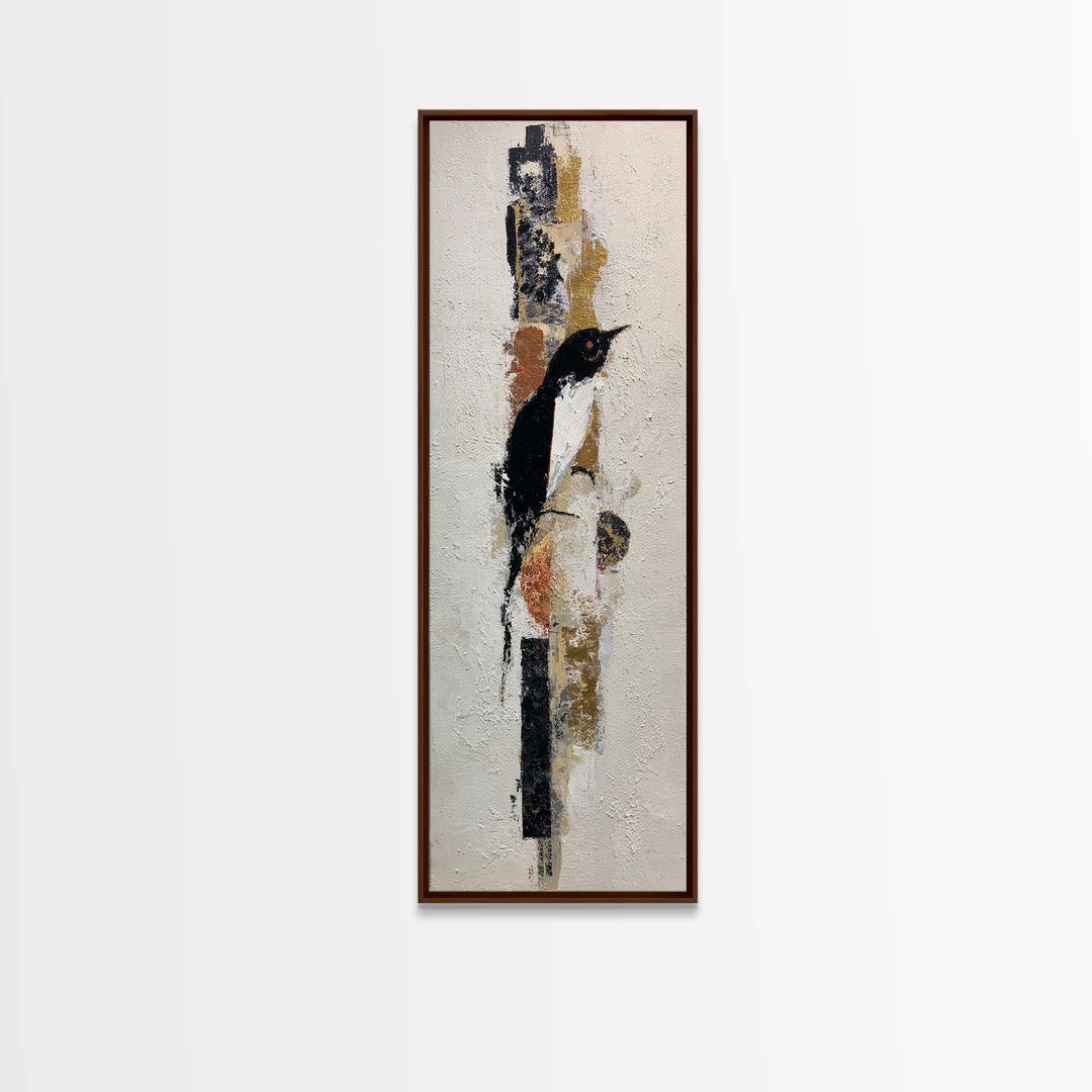 Small Black Bird Crossing White Space Framed Canvas Print, Minimalist Art, Boho Decor, Living Room Decor, Oil Painting, Minimal, MIN-1x3-91