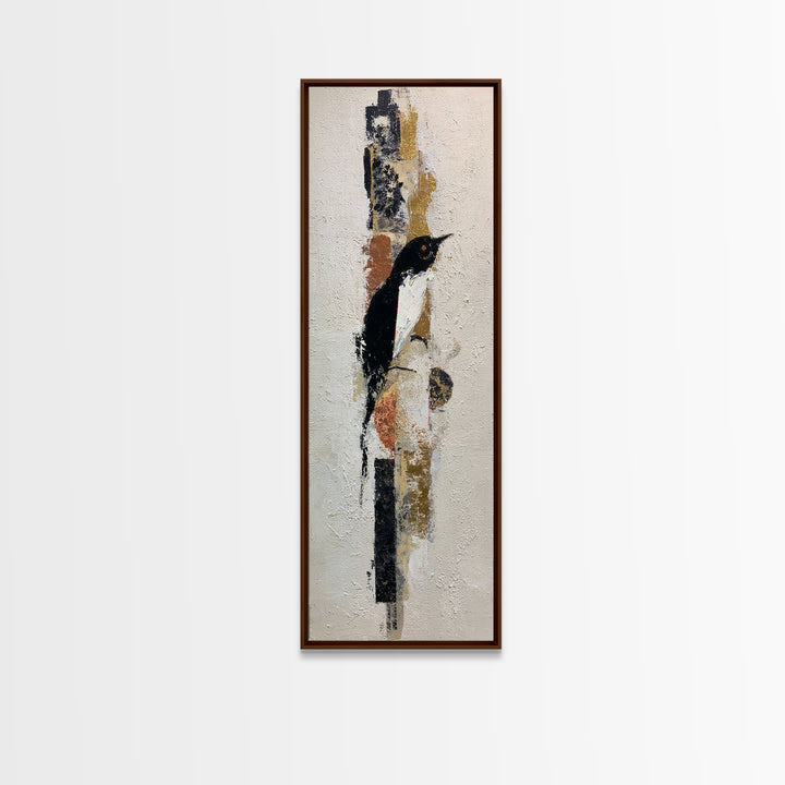 Small Black Bird Crossing White Space Framed Canvas Print, Minimalist Art, Boho Decor, Living Room Decor, Oil Painting, Minimal, MIN-1x3-91