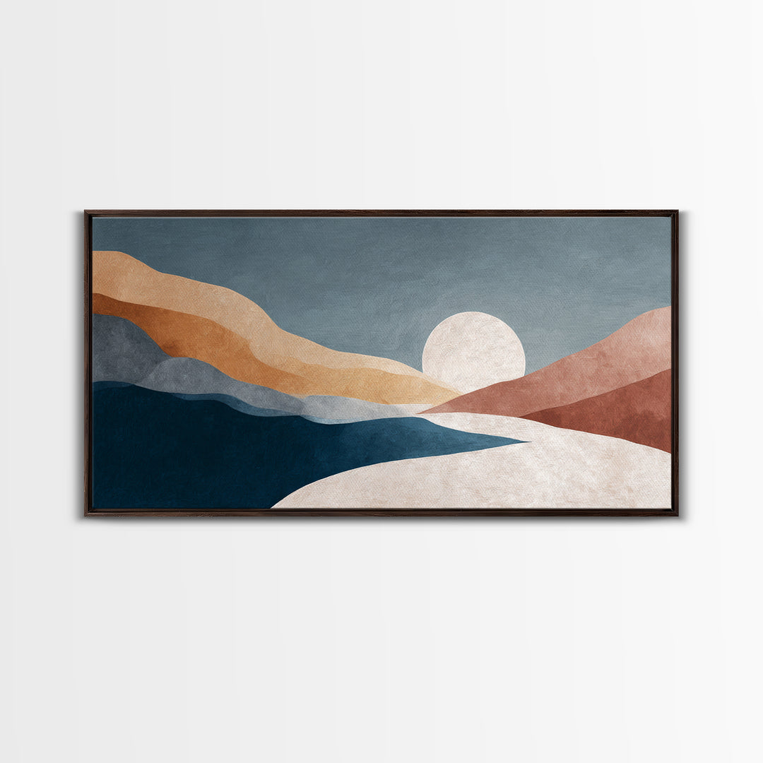 Minimal Moon over a Pale Ocean Framed Canvas Print, Minimalist Art, Printable Wall Art, Living Room Decor, Fine Art, Minimal, MIN-2x1-29