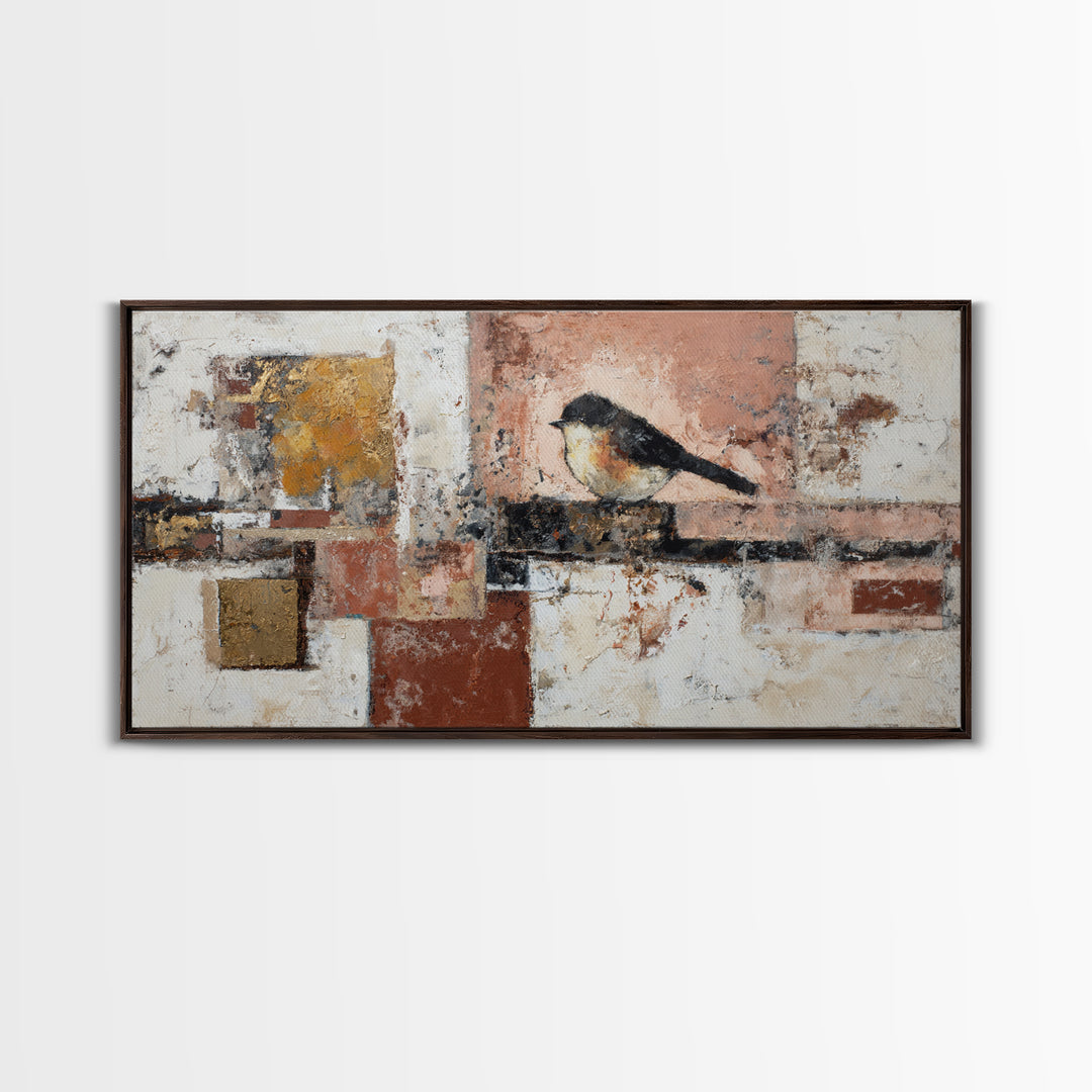 Small Black Bird Crossing White Space Framed Canvas Print, Minimalist Art, Large Wall Art, Living Room Decor, Fine Art, Minimal, MIN-2x1-3