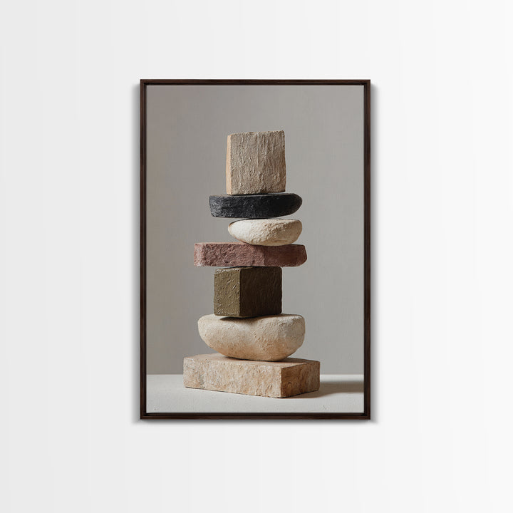 Quiet Stone Stack Framed Canvas Print, Minimalist Art, Digital Wall Art, Living Room Decor, Abstract Art, Minimal, MIN-2x3-43