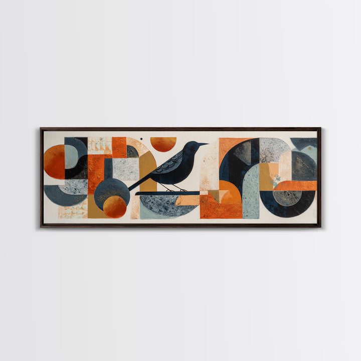 Small Black Bird Crossing White Space Framed Canvas Print, Minimalist Art, Room Decor, Living Room Decor, Fine Art, Minimal, MIN-3x1-23