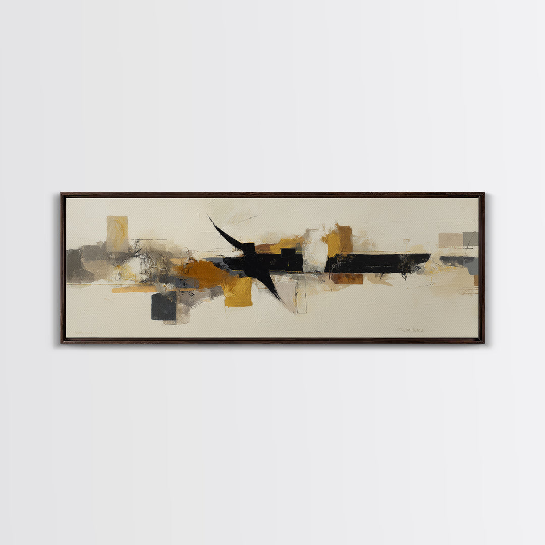 Small Black Bird Crossing White Space Framed Canvas Print, Minimalist Art, Art Prints, Living Room Decor, Oil Painting, Minimal, MIN-3x1-47