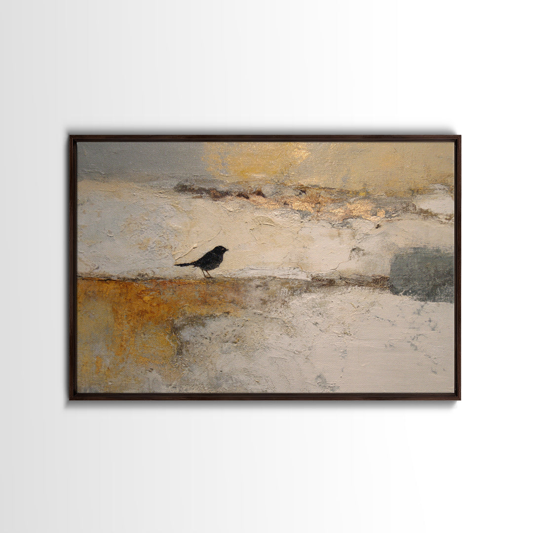 Small Black Bird Crossing White Space Framed Canvas Print, Minimalist Art, Room Decor, Living Room Decor, Fine Art, Minimal, MIN-3x2-35