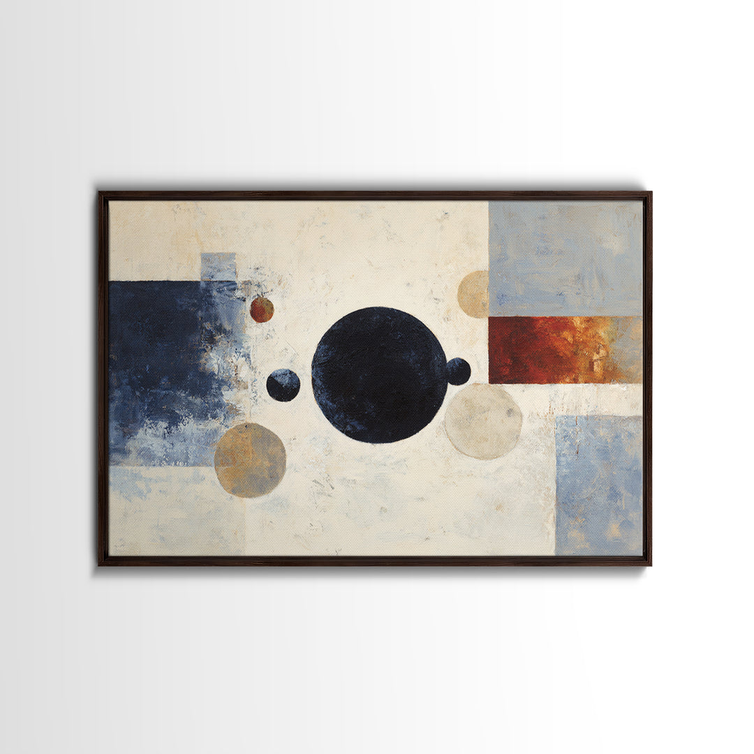 Single Black Circle on Warm Ivory Ground Framed Canvas Print, Minimalist Art, Abstract Painting, Living Room Decor, Minimal, MIN-3x2-5