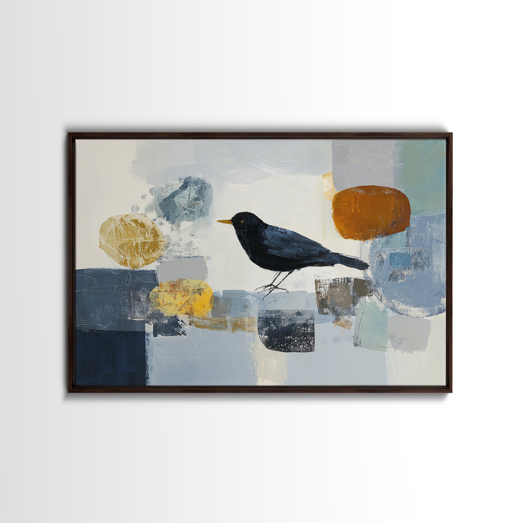 Small Black Bird Crossing White Space Canvas Print, Minimalist Art, Large Wall Art, Living Room Decor, Fine Art, Minimal, MIN-3x2-83
