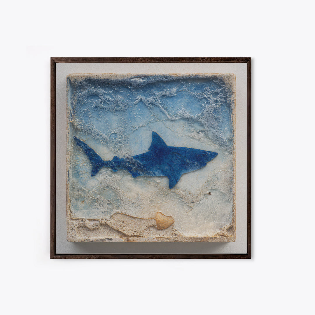 Shark Silhouette in Deep Blue Light Framed Canvas Print, Marine Life Art, Coastal Wall Art, Living Room Decor, Fine Art, Marine, MLA-1x1-12