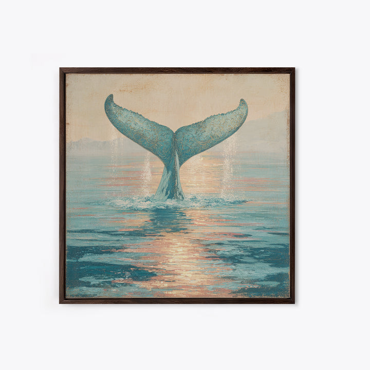 Whale Tail Rising from Misty Ocean Framed Canvas Print, Marine Life Art, Ocean Art, Living Room Decor, Oil Painting, Marine, MLA-1x1-2