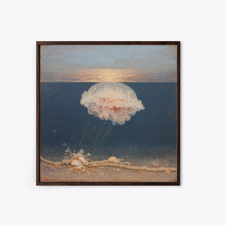 Jellyfish Floating in Luminous Dark Water Canvas Print, Marine Life Art, Fish Art, Living Room Decor, Oil Painting, Marine, MLA-1x1-30
