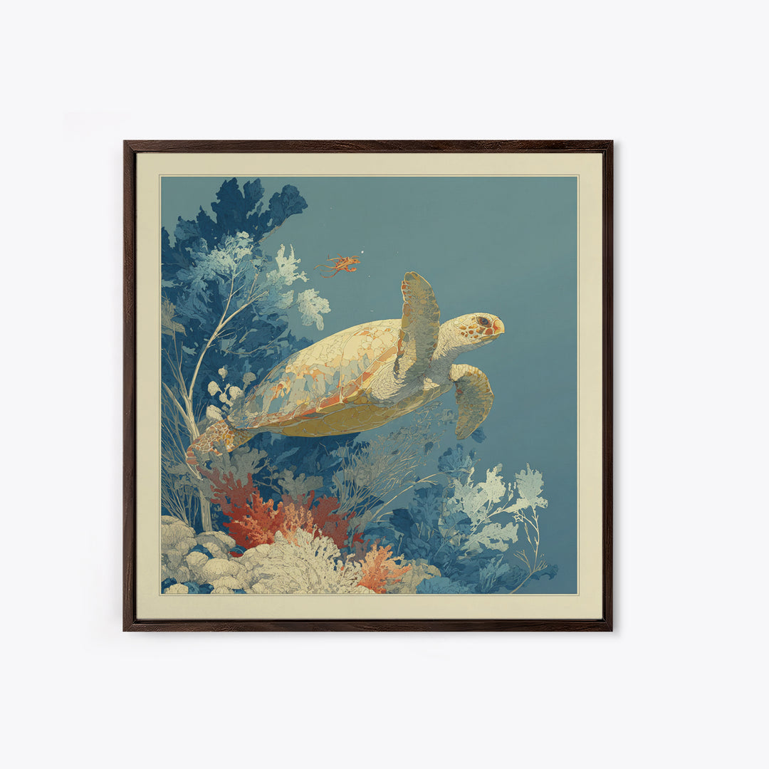 Bioluminescent Plankton Around Swimming Turtle Framed Canvas Print, Marine Life Art, Wall Art, Living Room Decor, Marine, MLA-1x1-48