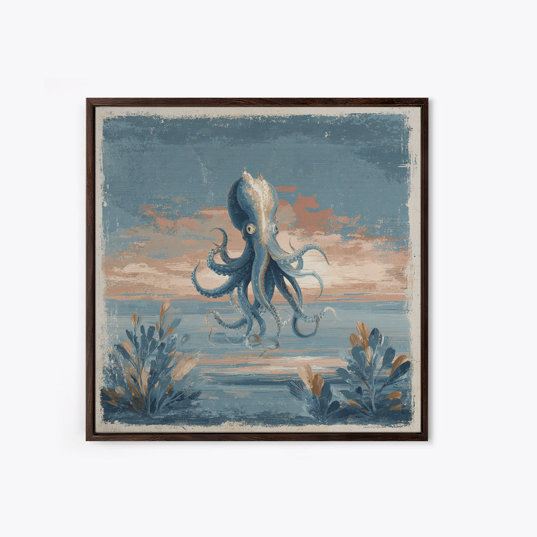 Squid in a Mysterious Midnight Sea Framed Canvas Print, Marine Life Art, Ocean Painting, Living Room Decor, Fine Art, Marine, MLA-1x1-67