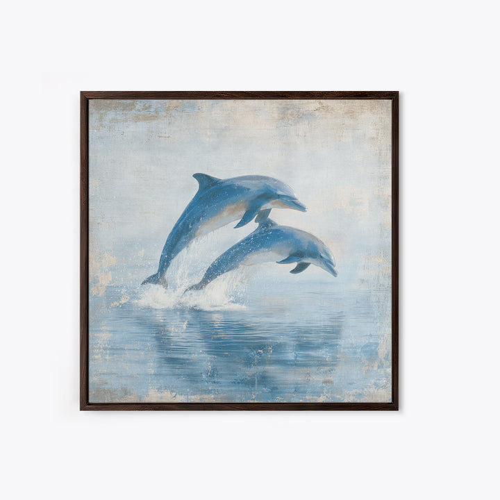 Dolphins Leaping Through Sunlit Waves Framed Canvas Print, Marine Life Art, Coastal Art, Living Room Decor, Fine Art, Marine, MLA-1x1-7