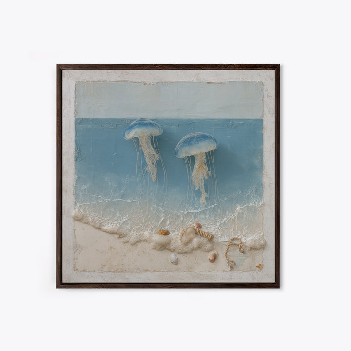 Jellyfish Floating in Luminous Dark Water Framed Canvas Print, Marine Life Art, Pastel Wall Art, Living Room Decor, Marine, MLA-1x1-78