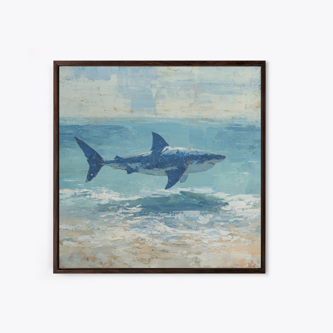 Shark Silhouette in Deep Blue Light Framed Canvas Print, Marine Life Art, Tropical Wall Art, Living Room Decor, Abstract Art, MLA-1x1-84
