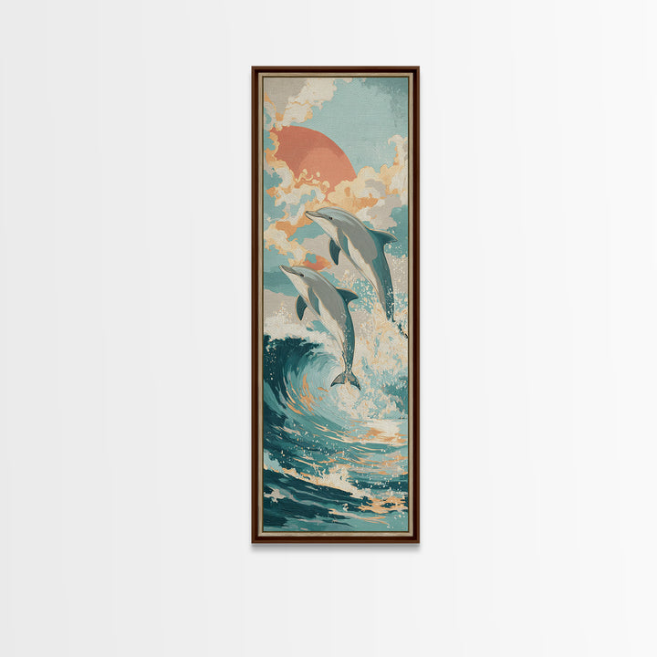 Dolphins Leaping Through Sunlit Waves Canvas Print, Marine Life Art, Wall Decor, Living Room Decor, Fine Art, Marine, MLA-1x3-43