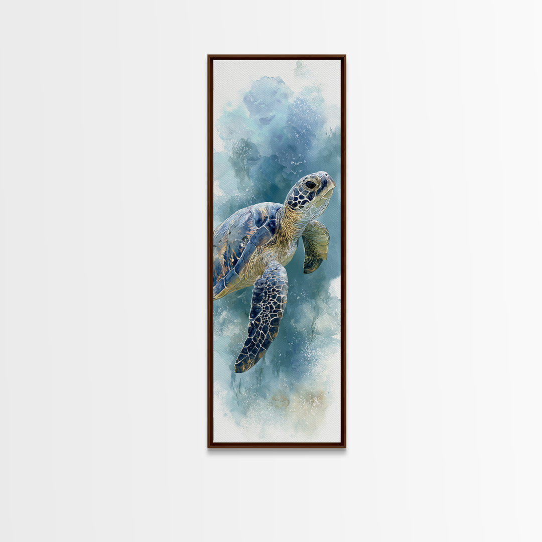 Sea Turtle Gliding Through Clear Blue Water Framed Canvas Print, Marine Life Art, Ocean Painting, Living Room Decor, Marine, MLA-1x3-61