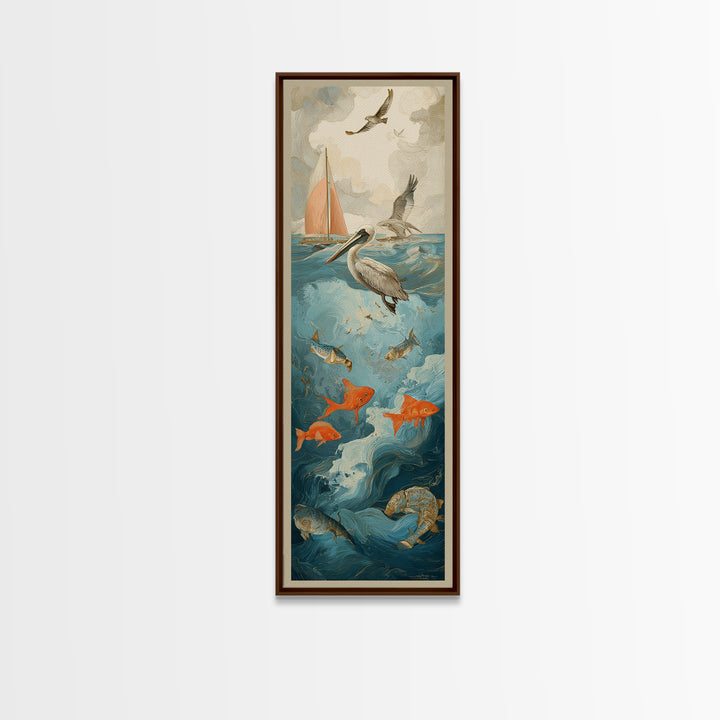 Pelican Diving Toward Fish Near Surface Framed Canvas Print, Marine Life Art, Textured Painting, Living Room Decor, Marine, MLA-1x3-83