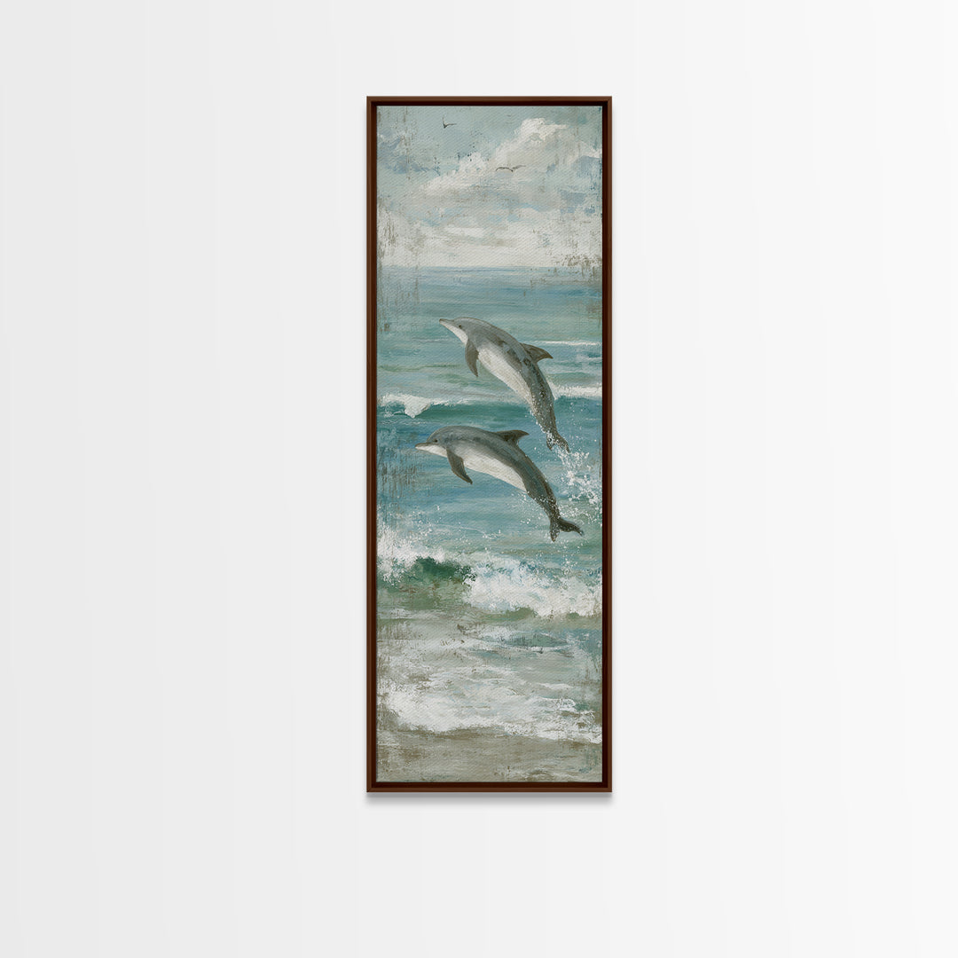 Dolphins Leaping Through Sunlit Waves Framed Canvas Print, Marine Life Art, Watercolor Art, Living Room Decor, Oil Painting, MLA-1x3-91