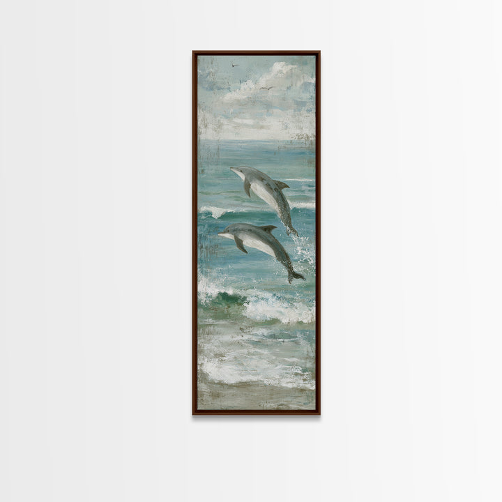 Dolphins Leaping Through Sunlit Waves Framed Canvas Print, Marine Life Art, Watercolor Art, Living Room Decor, Oil Painting, MLA-1x3-91