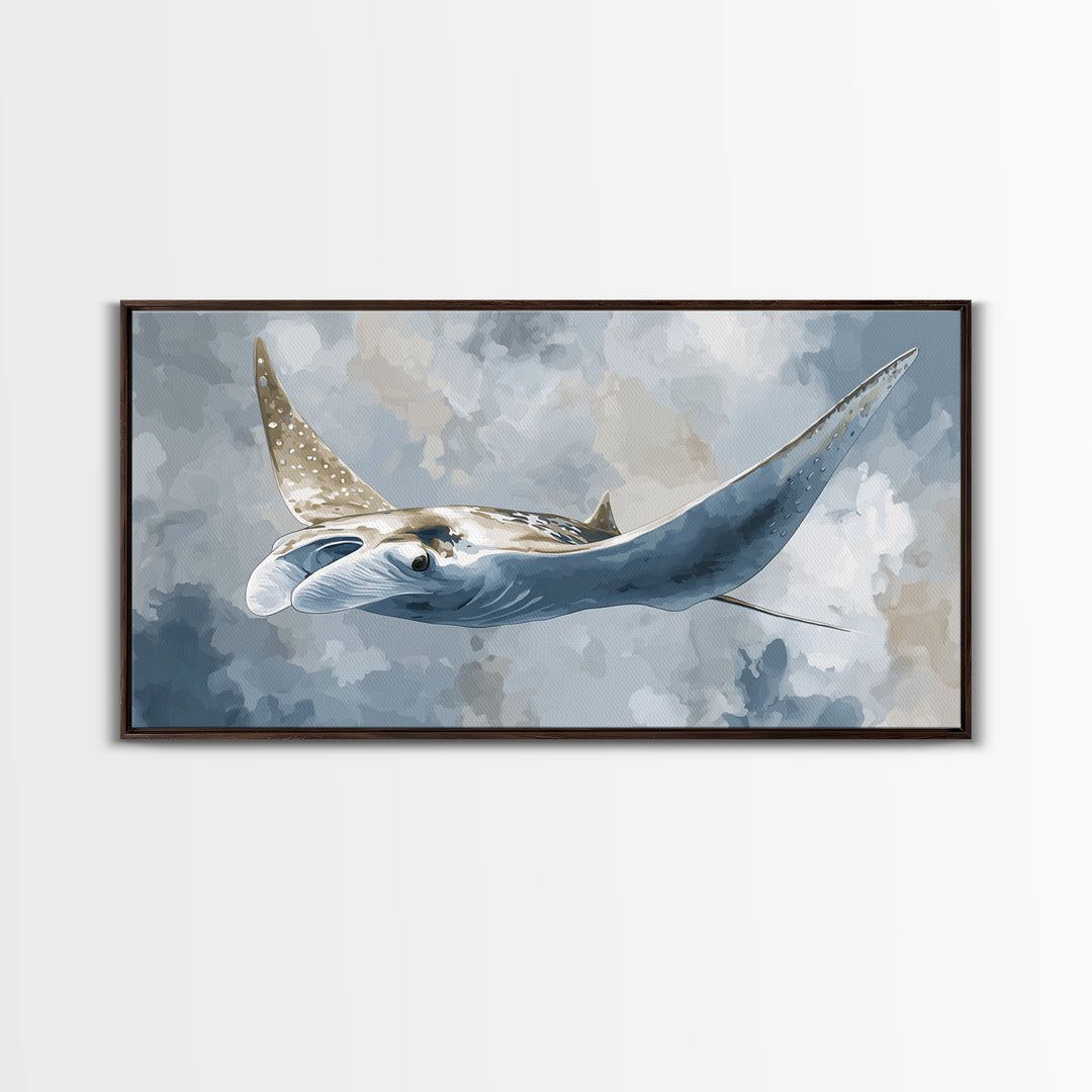 Manta Ray Flying Through Underwater Light Framed Canvas Print, Marine Life Art, Home Decor, Living Room Decor, Fine Art, Marine, MLA-2x1-10
