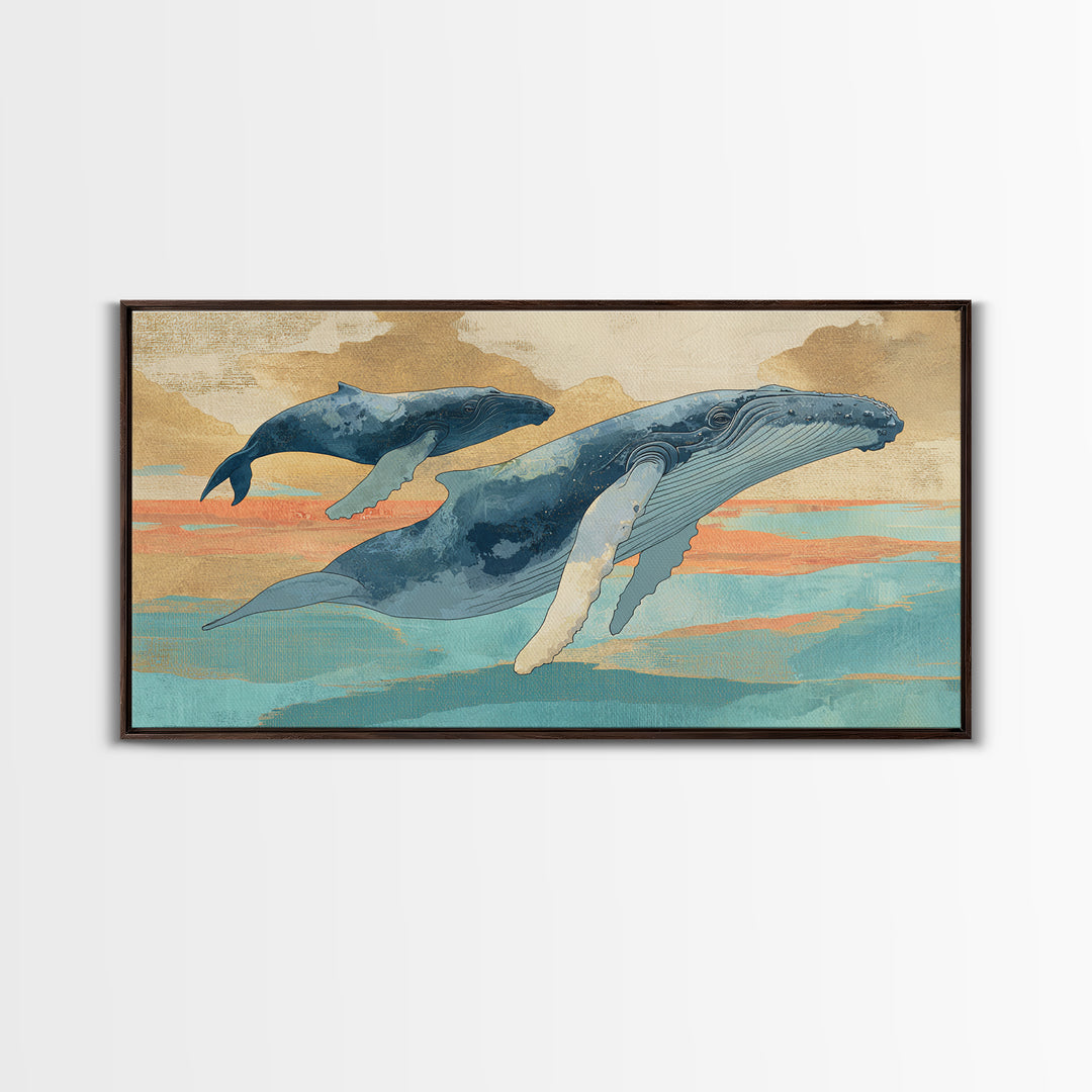 Humpback Whale and Calf Framed Canvas Print, Marine Life Art, Tropical Wall Art, Living Room Decor, Fine Art, Marine, MLA-2x1-14