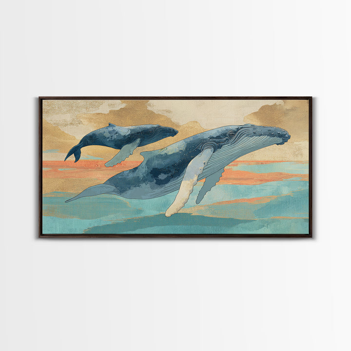 Humpback Whale and Calf Framed Canvas Print, Marine Life Art, Tropical Wall Art, Living Room Decor, Fine Art, Marine, MLA-2x1-14