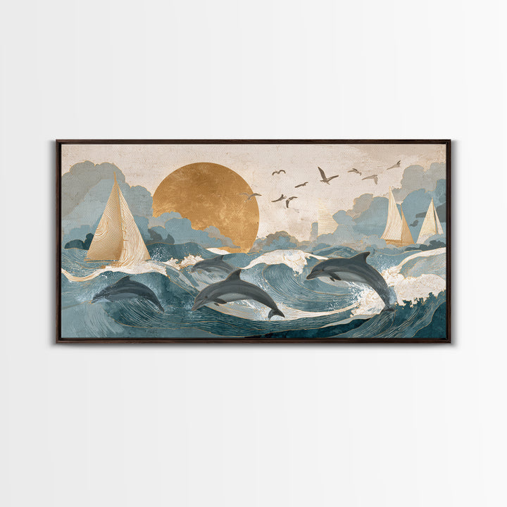 Dolphins Leaping Through Sunlit Waves Framed Canvas Print, Marine Life Art, Modern Art Print, Living Room Decor, Oil Painting, MLA-2x1-27