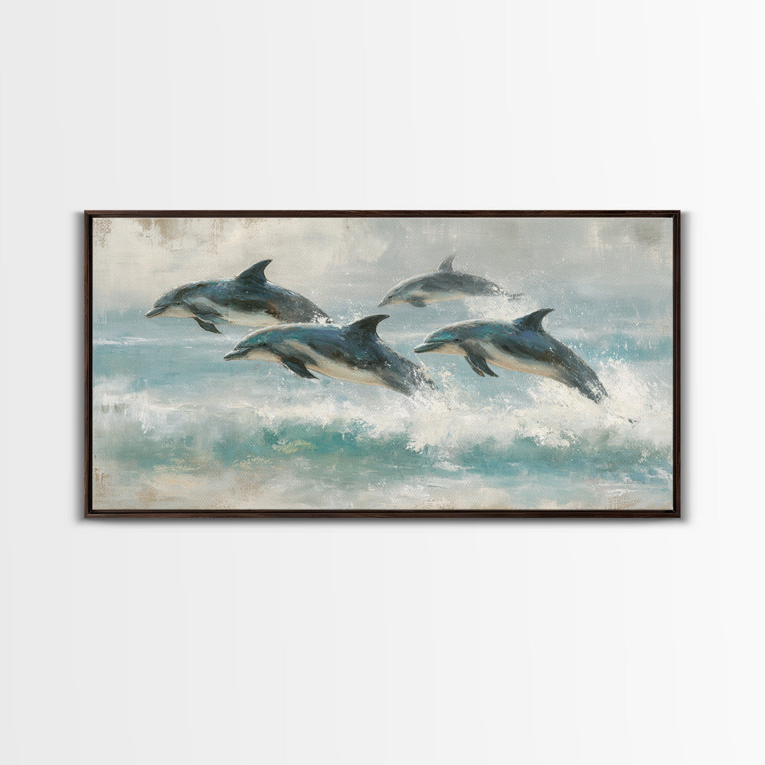 Dolphins Leaping Through Sunlit Waves Framed Canvas Print, Marine Life Art, Coastal Art, Living Room Decor, Fine Art, Marine, MLA-2x1-3
