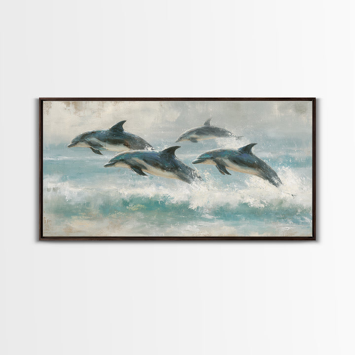 Dolphins Leaping Through Sunlit Waves Framed Canvas Print, Marine Life Art, Coastal Art, Living Room Decor, Fine Art, Marine, MLA-2x1-3
