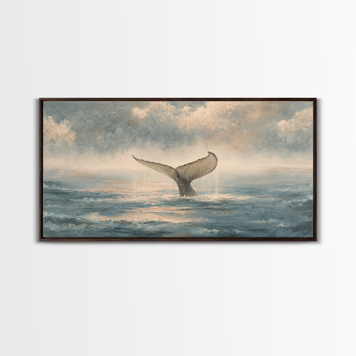 Whale Tail Rising from Misty Ocean Framed Canvas Print, Marine Life Art, Neutral Decor, Living Room Decor, Fine Art, Marine, MLA-2x1-46