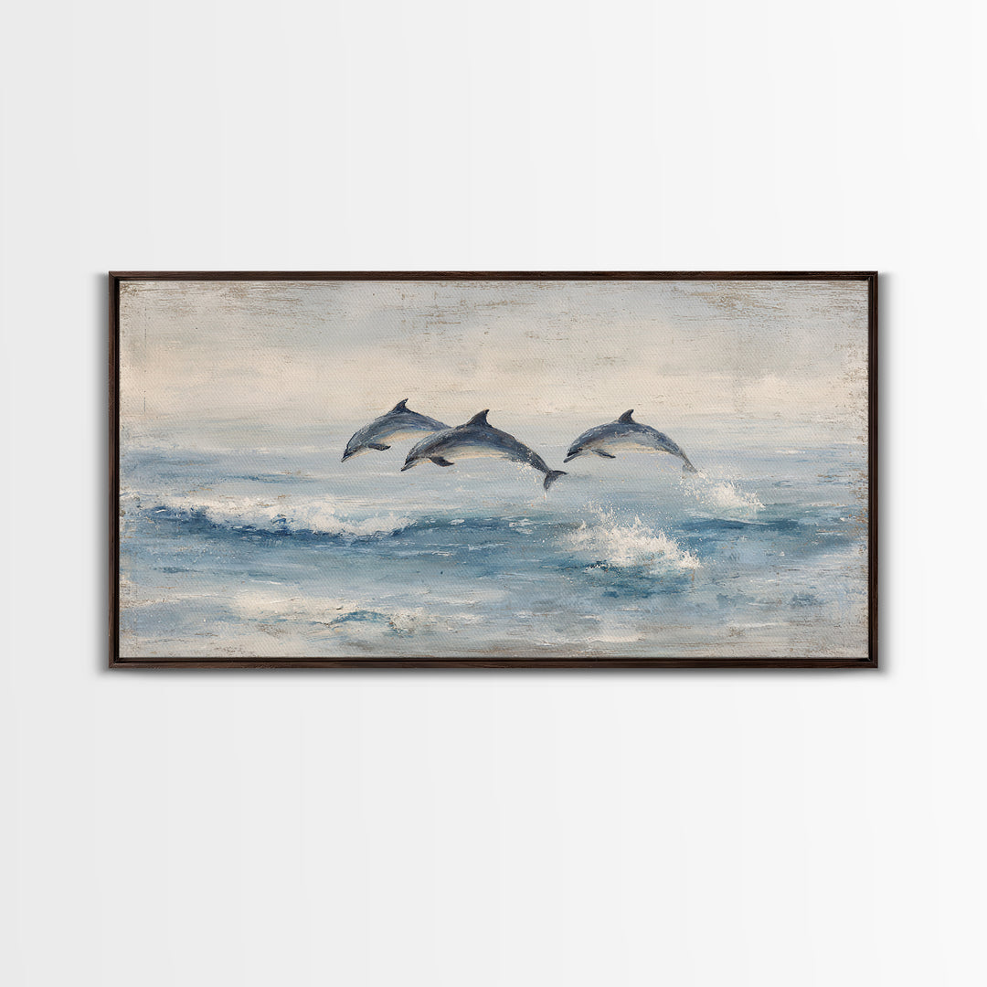 Dolphins Leaping Through Sunlit Waves Framed Canvas Print, Marine Life Art, Coastal Art, Living Room Decor, Watercolor Art, MLA-2x1-51