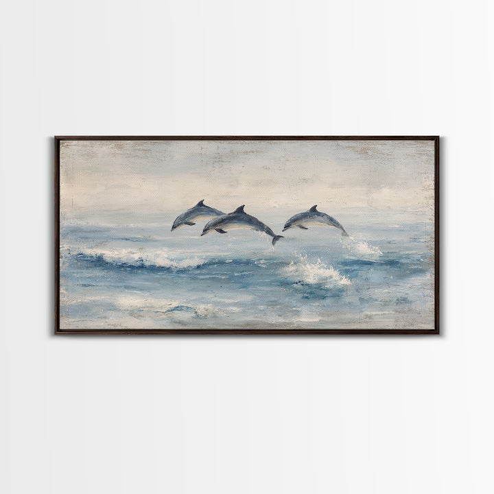 Dolphins Leaping Through Sunlit Waves Framed Canvas Print, Marine Life Art, Coastal Art, Living Room Decor, Watercolor Art, MLA-2x1-51