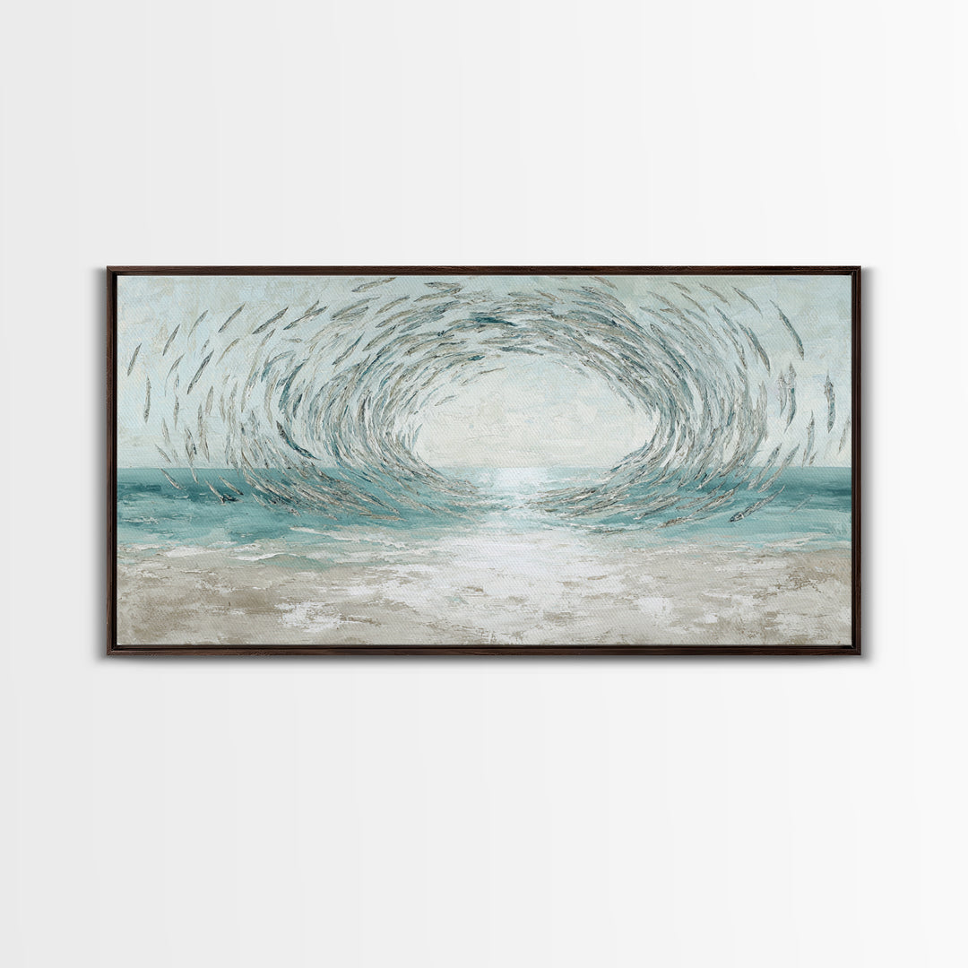 School of Fish Forming a Silver Spiral Framed Canvas Print, Marine Life Art, Coastal Art, Living Room Decor, Fine Art, Marine, MLA-2x1-72