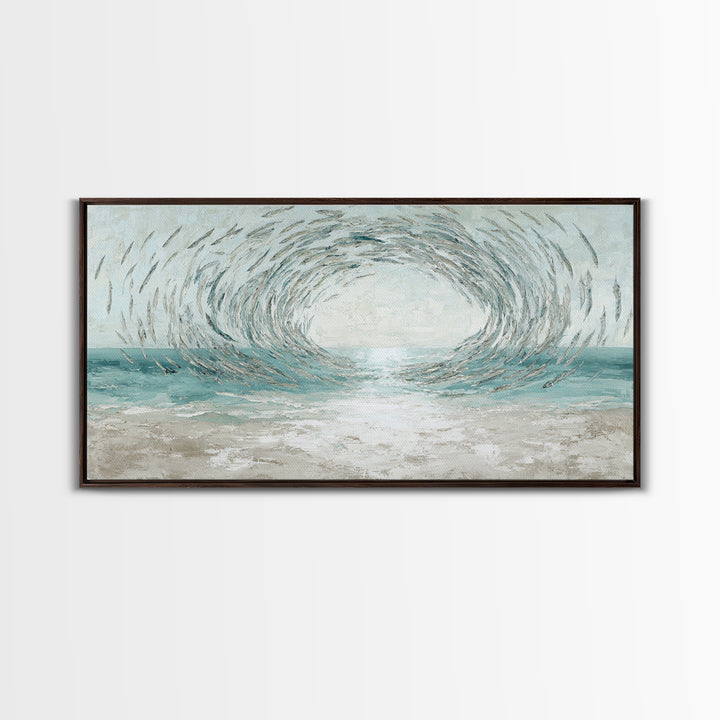 School of Fish Forming a Silver Spiral Framed Canvas Print, Marine Life Art, Coastal Art, Living Room Decor, Fine Art, Marine, MLA-2x1-72