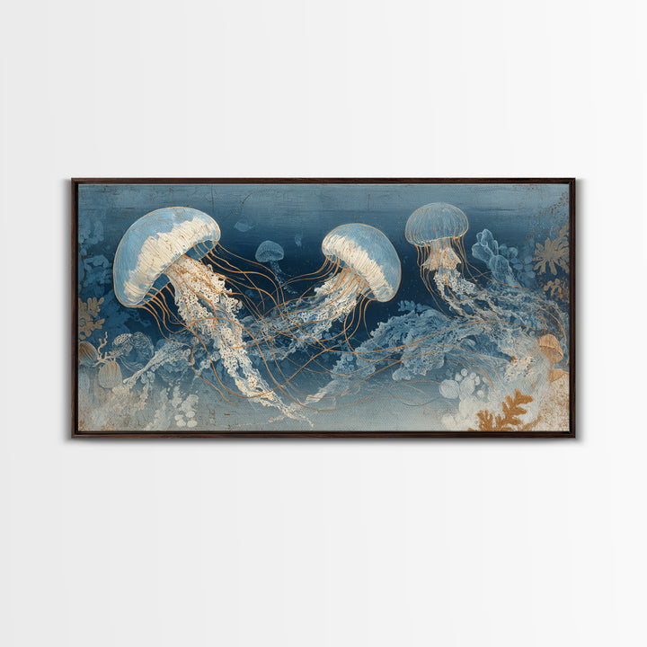 Jellyfish Floating in Luminous Dark Water Canvas Print, Marine Life Art, Art Print, Living Room Decor, Watercolor Art, Marine, MLA-2x1-74