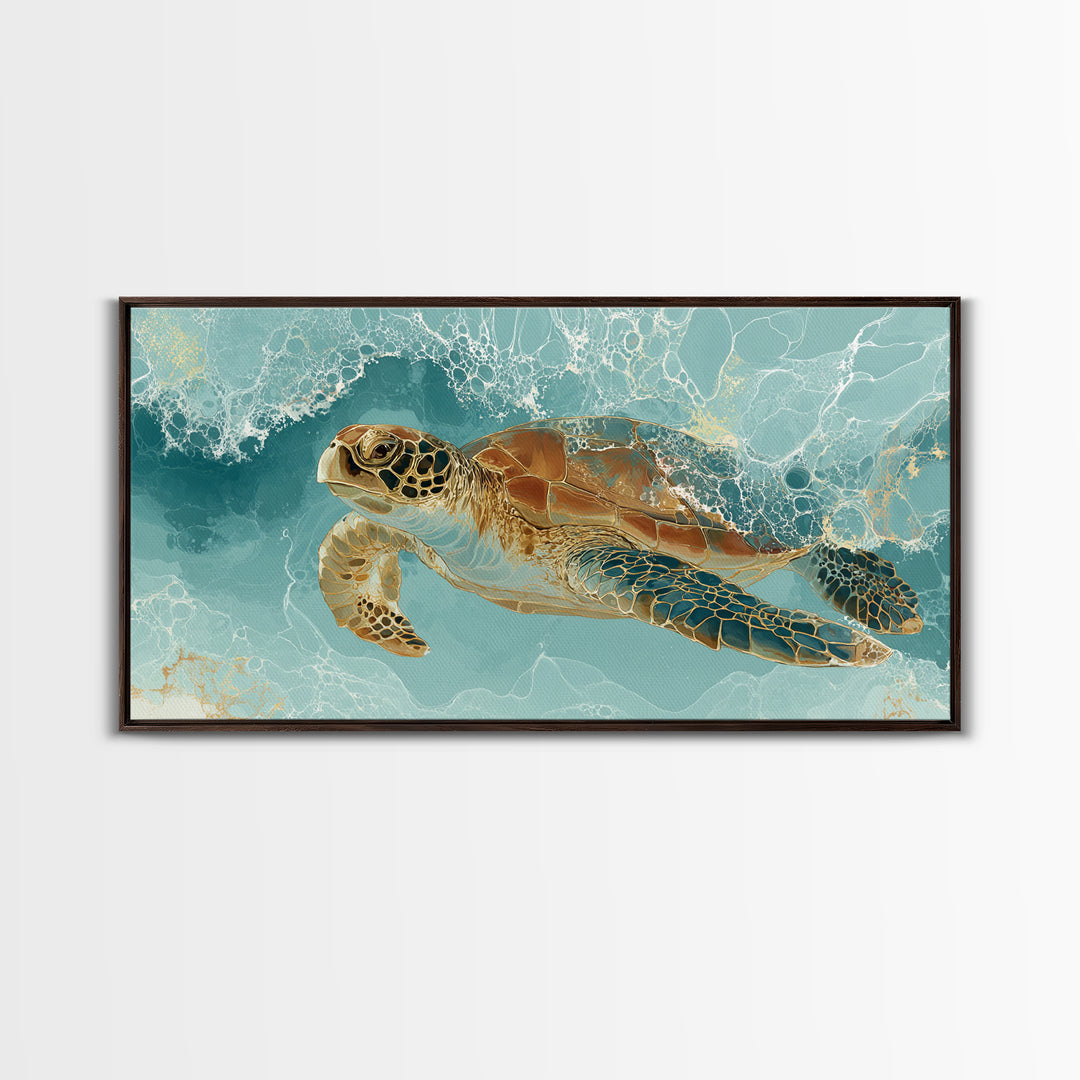 Sea Turtle Gliding Through Clear Blue Water Canvas Print, Marine Life Art, Minimalist Decor, Living Room Decor, Marine, MLA-2x1-93