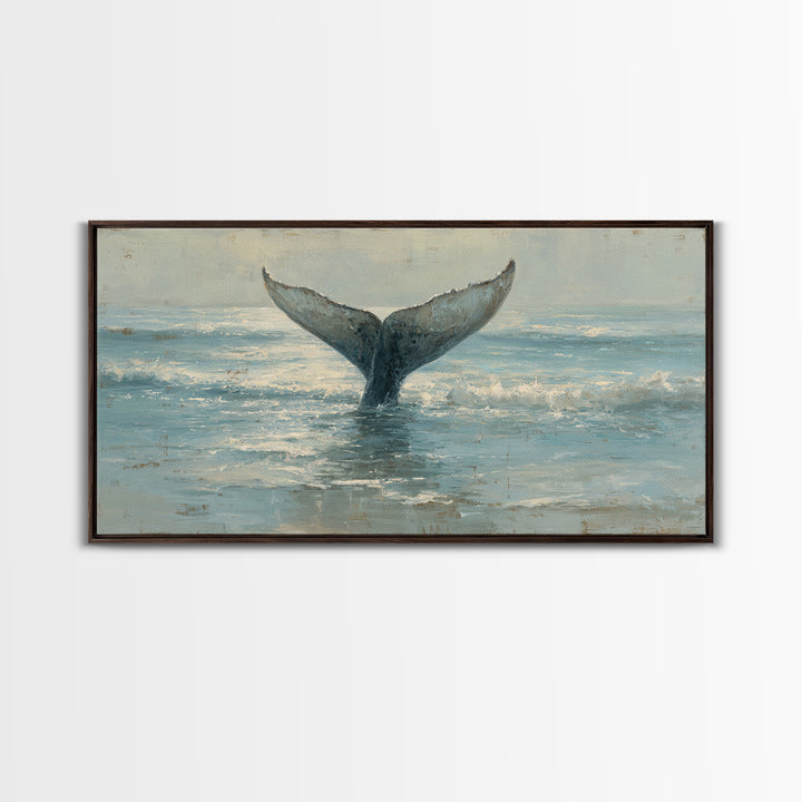 Whale Tail Rising from Misty Ocean Canvas Print, Marine Life Art, Luxury Decor, Living Room Decor, Oil Painting, Marine, MLA-2x1-94