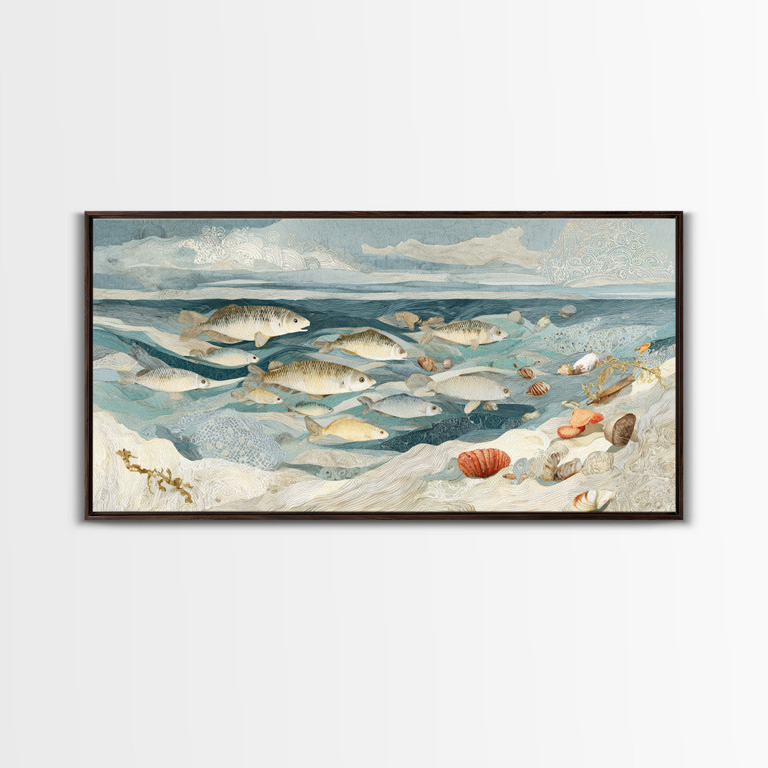 School of Fish Forming a Silver Spiral Framed Canvas Print, Marine Life Art, Ocean Decor, Living Room Decor, Oil Painting, MLA-2x1-96
