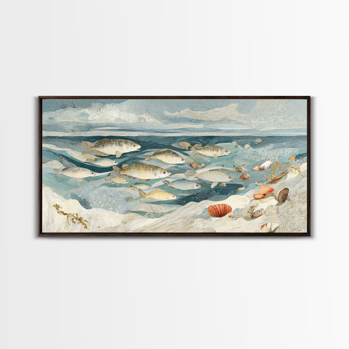 School of Fish Forming a Silver Spiral Framed Canvas Print, Marine Life Art, Ocean Decor, Living Room Decor, Oil Painting, MLA-2x1-96