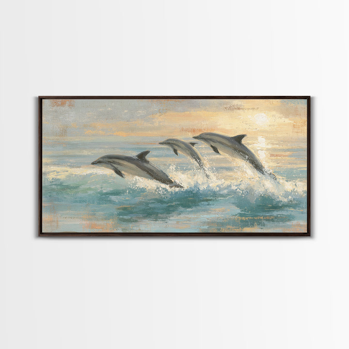 Dolphins Leaping Through Sunlit Waves Framed Canvas Print, Marine Life Art, Coastal Art, Living Room Decor, Fine Art, Marine, MLA-2x1-99