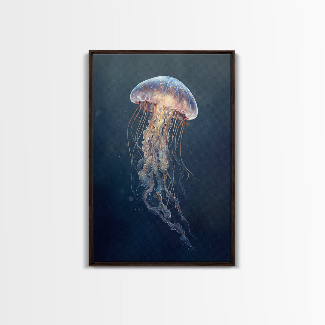 Jellyfish Floating in Luminous Dark Water Canvas Print, Marine Life Art, Handmade Art, Living Room Decor, Oil Painting, Marine, MLA-2x3-14