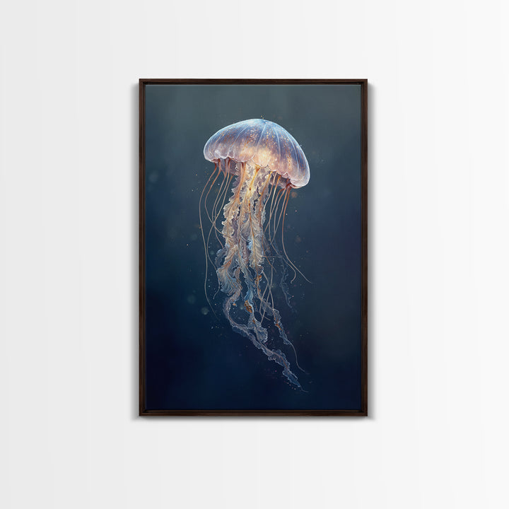 Jellyfish Floating in Luminous Dark Water Canvas Print, Marine Life Art, Handmade Art, Living Room Decor, Oil Painting, Marine, MLA-2x3-14