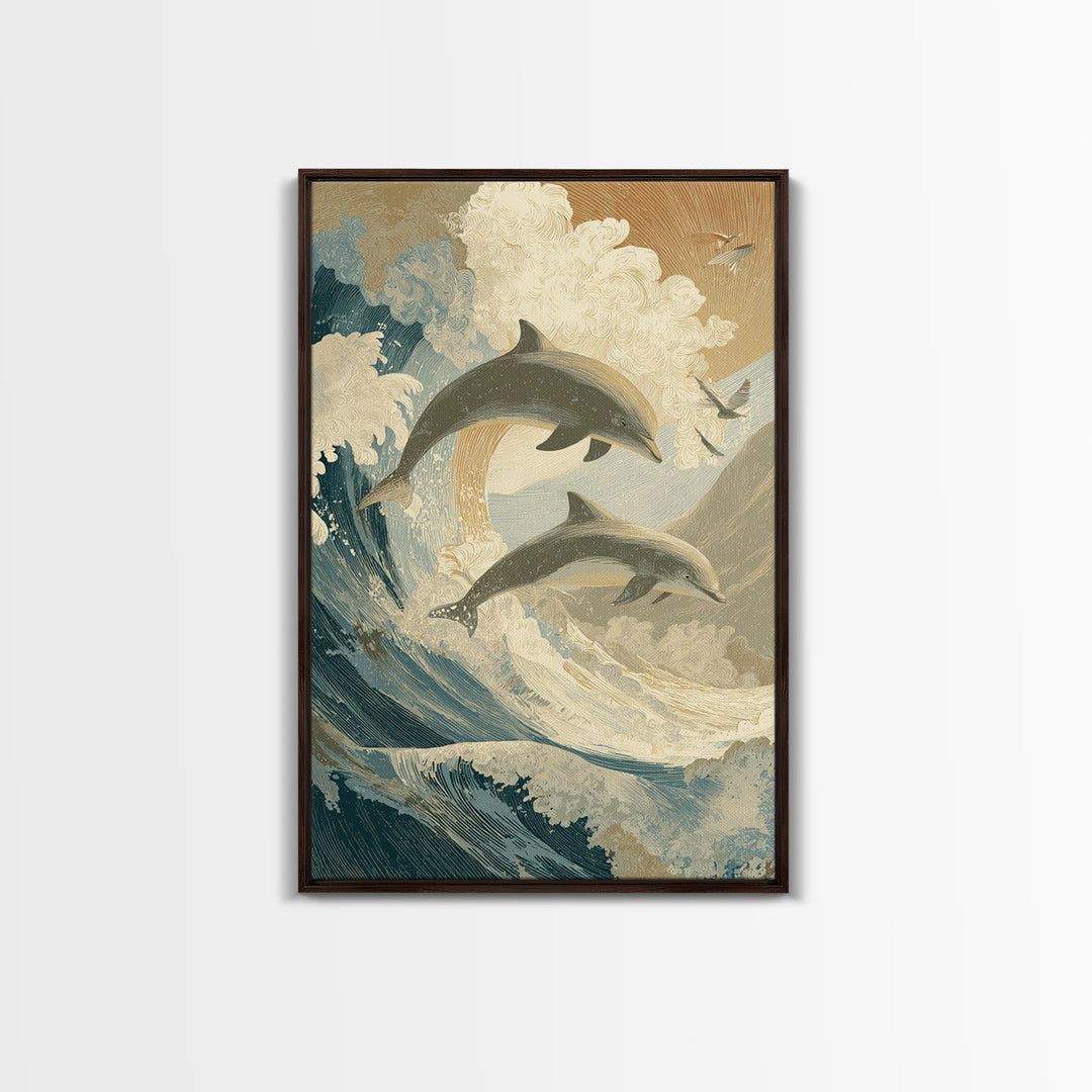 Dolphins Leaping Through Sunlit Waves Canvas Print, Marine Life Art, Surf Poster, Living Room Decor, Fine Art, Marine, MLA-2x3-15