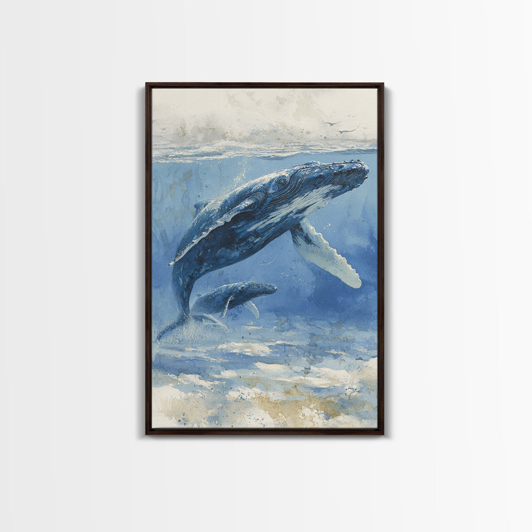 Humpback Whale and Calf Framed Canvas Print, Marine Life Art, Tropical Wall Art, Living Room Decor, Fine Art, Marine, MLA-2x3-26
