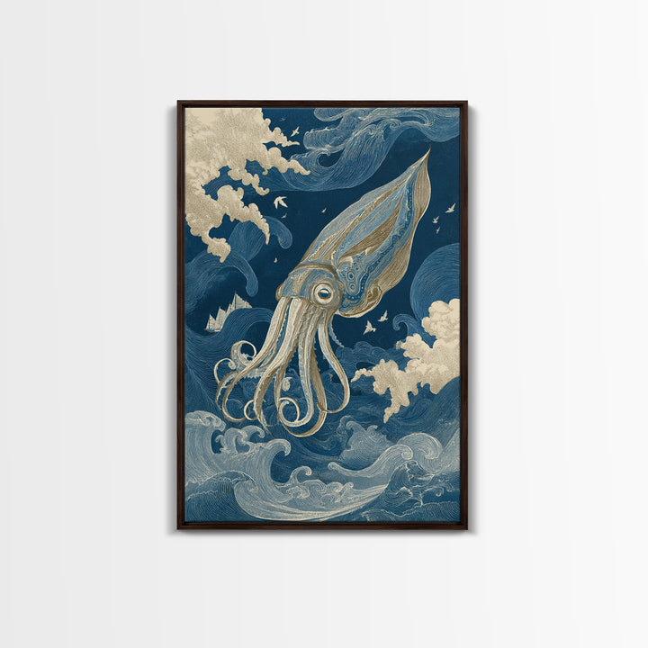 Squid in a Mysterious Midnight Sea Canvas Print, Marine Life Art, Ocean Wall Art, Living Room Decor, Watercolor Art, Marine, MLA-2x3-27