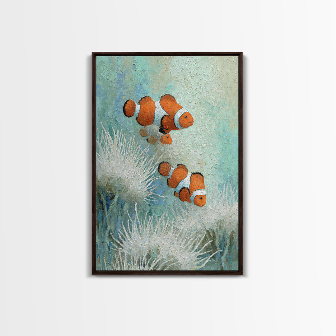 Clownfish Around Anemone Tentacles Framed Canvas Print, Marine Life Art, Textured Painting, Living Room Decor, Fine Art, Marine, MLA-2x3-28