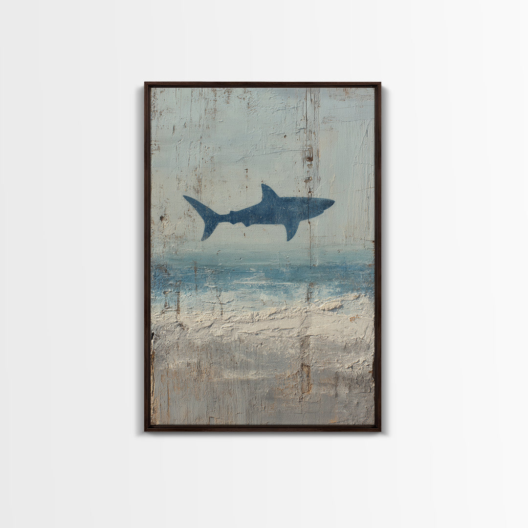 Shark Silhouette in Deep Blue Light Framed Canvas Print, Marine Life Art, Nautical Wall Art, Living Room Decor, Watercolor Art, MLA-2x3-44